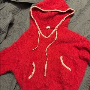 POL Red V-Neck Women's Sweater with Hood